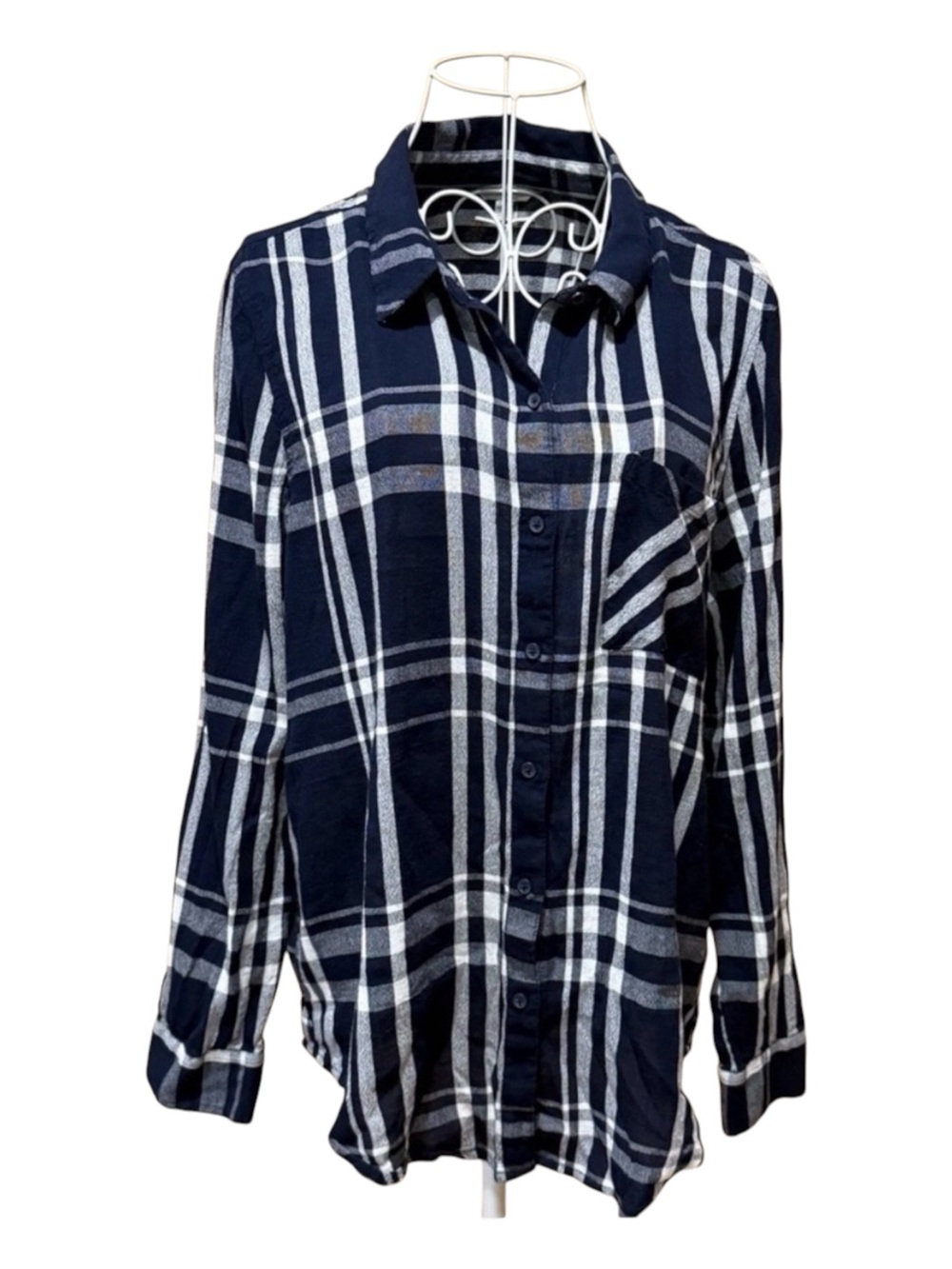 Lucky Brand Women's Plaid Button Down Shirt Navy White Long Sleeve L